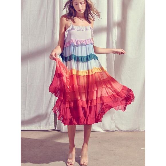 Storia Multicolored Rainbow Ruffle Tiered Midi Dress Small - Picture 3 of 8